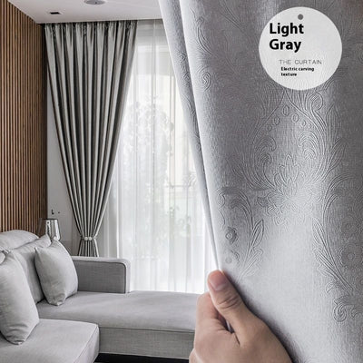 Brown thickened shading curtain with an electric carving floral texture, partially drawn in a bedroom setting. - Image 4