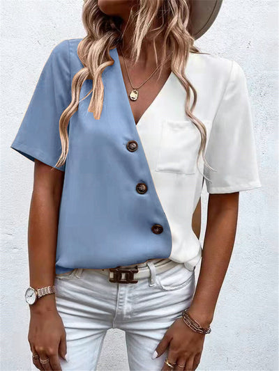 Blusa Elegante de Chifón con Contraste y Manga Corta para Mujer - Image 18