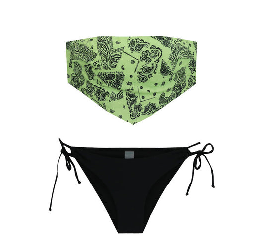 Lime green bandana print bandeau bikini top with black low-rise tie-side bottoms on a woman by a pool. - Image 27