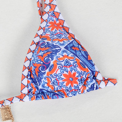 Retro 4-color printed women's bikini with red, blue, and white paisley pattern, featuring a triangle top and high-cut bottom. - Image 21