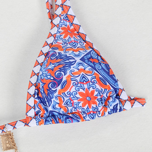 Retro 4-color printed women's bikini with red, blue, and white paisley pattern, featuring a triangle top and high-cut bottom. - Image 21