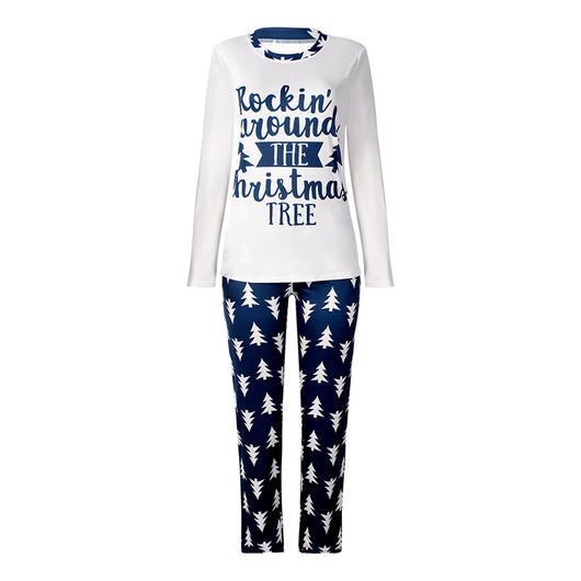 Matching family Christmas pajamas: white long-sleeve tops with 'Rockin' around THE Christmas TREE' text and blue pants with white Christmas tree print. - Image 6
