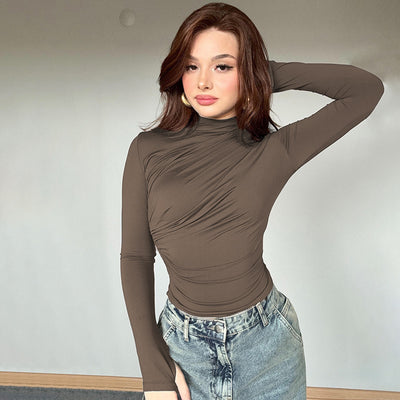 Blusa Cuello Alto Plisada Ajustada para Otoño e Invierno - Image 11