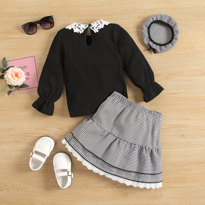 Conjunto Infantil 3 Piezas: Blusa de Encaje, Falda Cuadrillé y Gorro - Image 18