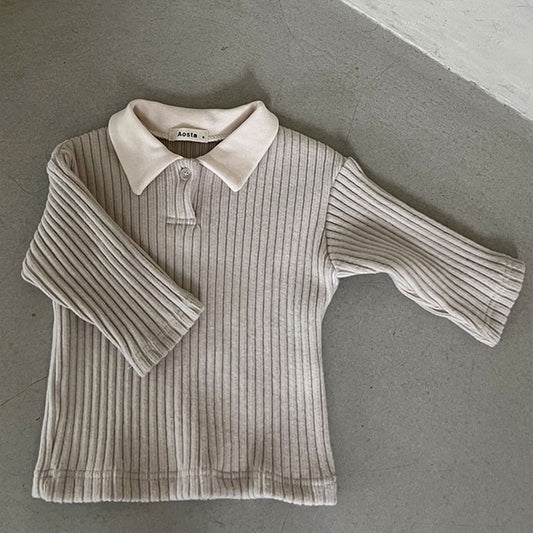 Camisa Infantil Estilo Coreano con Cuello Solapa y Rayas Hundidas