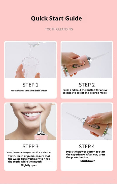 Pink portable electric oral irrigator with clear water tank and four nozzles, highlighting adjustable pressure and pulse mode. - Image 13