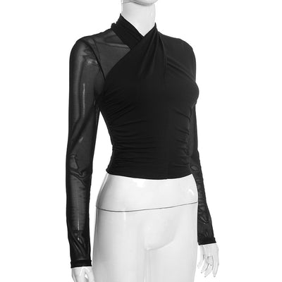 Blusa Cuello Redondo con Malla Fruncida y Detalles Cruzados - Image 10
