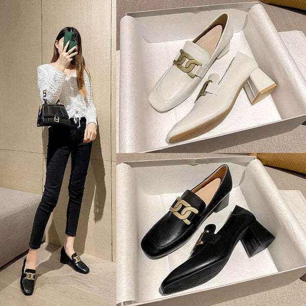 Zapatos de Tacón Grueso en Cuero para Mujer - Versátiles y Cómodos