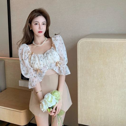 Blusa Hada Dulce con Manga Abullonada y Hombros Descubiertos en Chifón Floral - Image 6