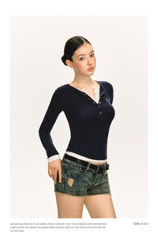 Camiseta Manga Larga Slim-fit con Cuello Falso Tejido Doble Capa - Image 26