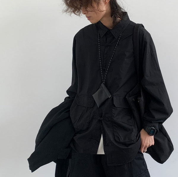 Camisa Negra Retro Asiática Suelta y Minimalista para Otoño