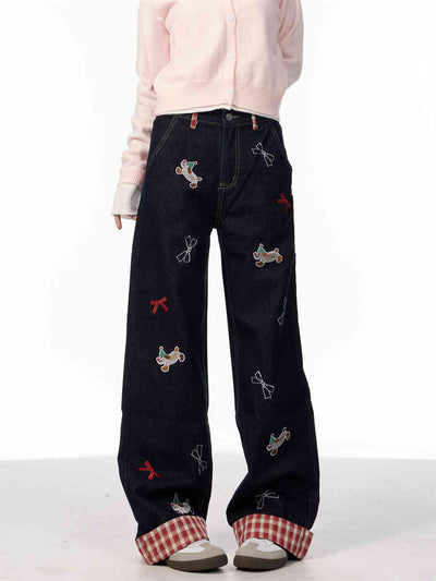 Jeans de Pierna Ancha Cintura Alta con Bordado de Moño Vintage - Image 3