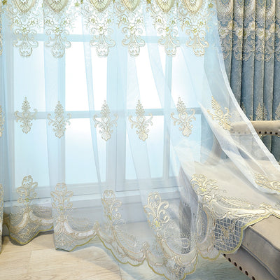 Blue sheer curtain with intricate gold and dark blue embroidery in a European classical style, draped over a window. - Image 8