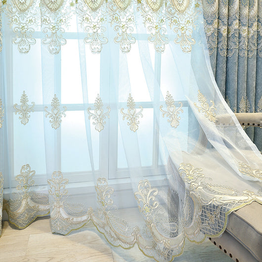 Blue sheer curtain with intricate gold and dark blue embroidery in a European classical style, draped over a window. - Image 8