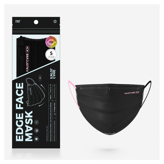 White V-shape face mask with pink ear loops, packaged in a clear and black pouch, size S, by Kalor Cvre. - Image 11