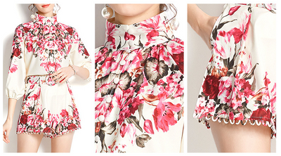 Conjunto Vintage de Blusa Cuello Alto con Mangas Globo y Shorts Sueltos - Image 7