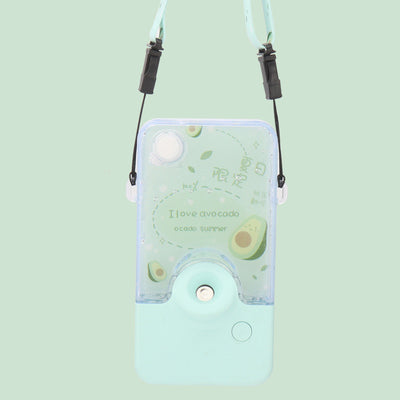 Pink and clear portable handheld humidifier with a fruit pattern, mist nozzle, and a matching pink neck lanyard. - Image 2