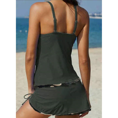 Women's two-piece swimsuit featuring a V-neck tankini top with camouflage print bust and dark grey body, paired with a matching ruched swim skirt. - Image 3