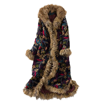 Chaqueta Acolchada Étnica de Lino y Algodón con Cuello de Pelaje y Capucha - Image 6