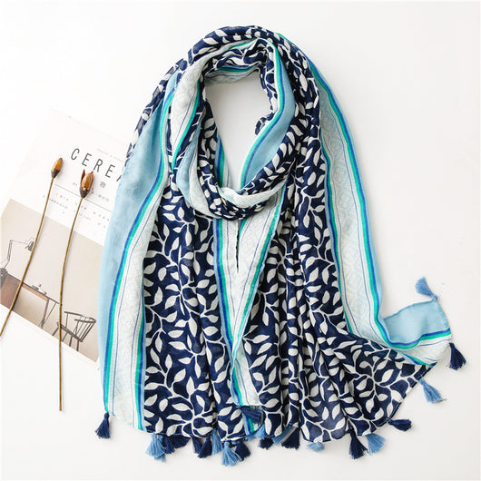 Chal Foulard de Algodón y Lino con Estampado de Hojas de Uva y Borlas - Image 5