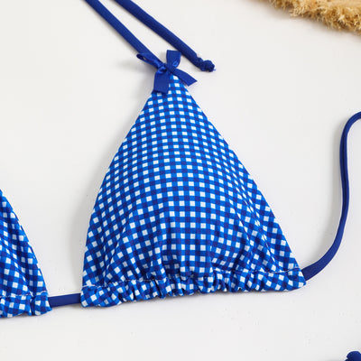 Blue and white gingham plaid bikini swimsuit with triangle top and thong bottom, featuring white tie straps and bows. - Image 25