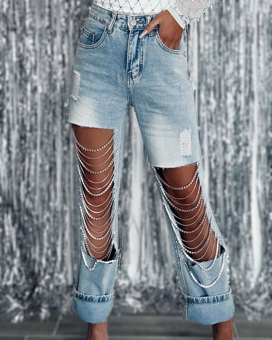 Pantalones Rectos para Mujer con Roturas y Cadenas Decorativas - Image 2