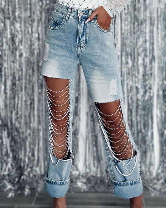 Pantalones Rectos para Mujer con Roturas y Cadenas Decorativas - Image 2