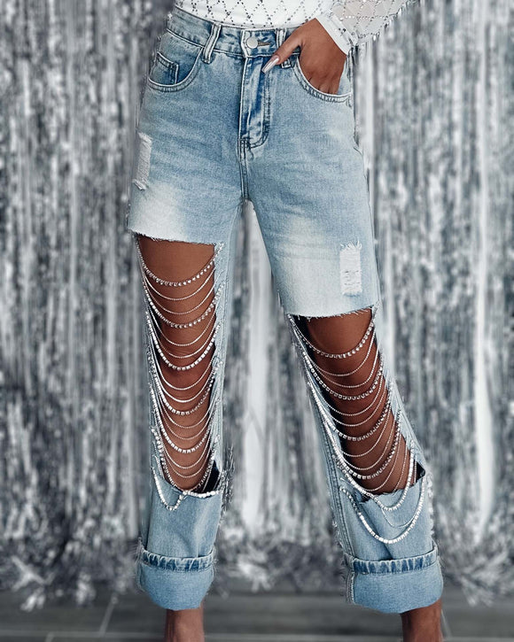 Women's Straight-Leg Pants with Rips and Decorative Chains