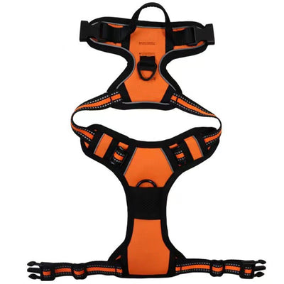 Red and black dog harness with reflective strips, adjustable straps, and a top handle for secure pet control. - Image 8