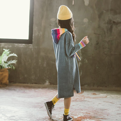 Vestido Infantil Manga Larga Arcoíris en Denim Sólido - Image 2