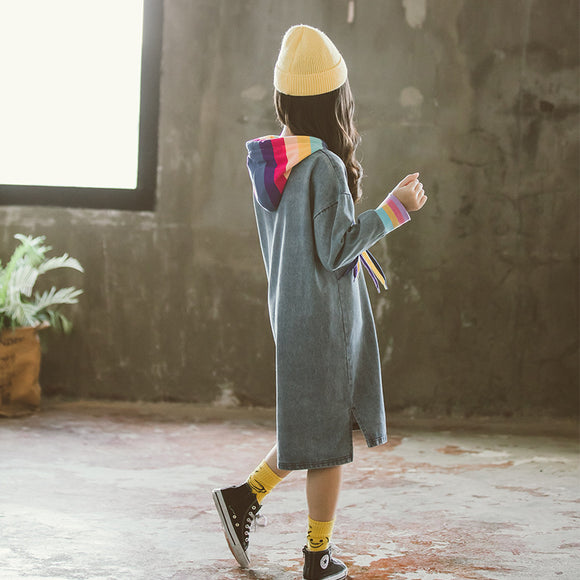 Vestido Infantil Manga Larga Arcoíris en Denim Sólido