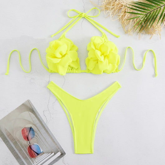 Neon yellow women's bikini with 3D floral details on the triangle top and a high-cut bottom. - Image 13