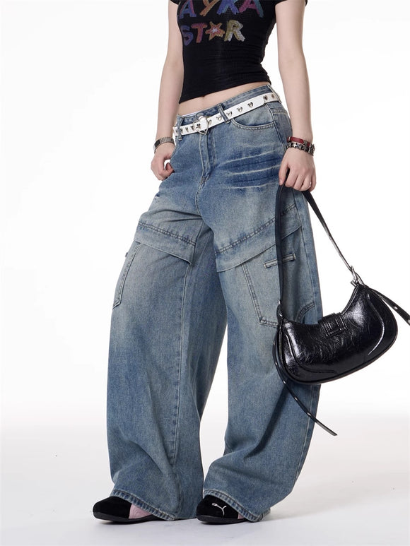 Jeans Deconstructivos Estilo Hot Girl Retro Americano con Múltiples Bolsillos