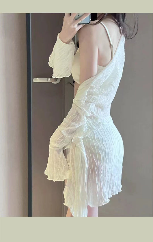 White four-piece bikini swimsuit set for women, featuring a long-sleeve tie-front top and tiered ruffle skirt. - Image 18