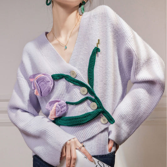 Cardigan Tejido con Bordado de Tulipanes para Mujer