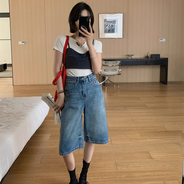 Pantalón Denim Retro Cintura Alta Azul Agua Pierna Ancha