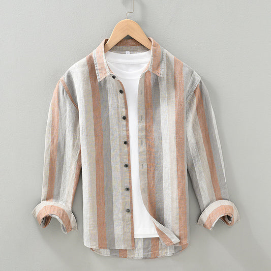 Camisa de Lino para Hombre con Mangas Largas y Rayas a Juego