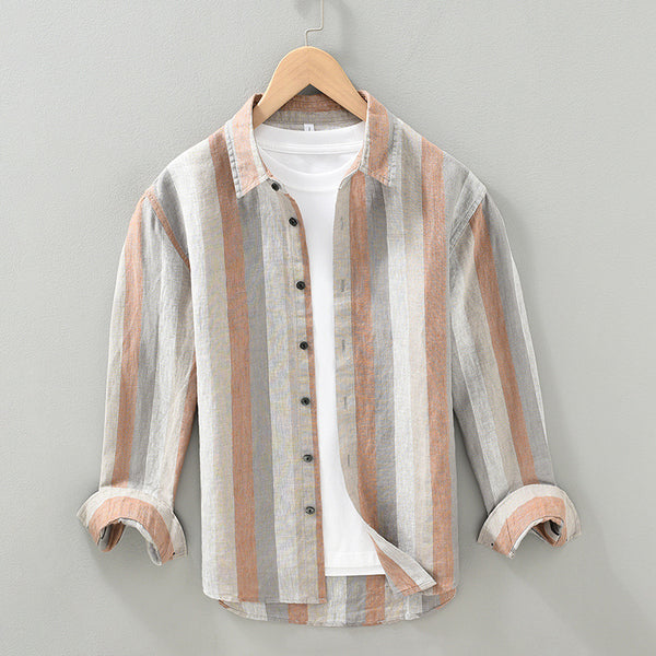 Camisa de Lino para Hombre con Mangas Largas y Rayas a Juego