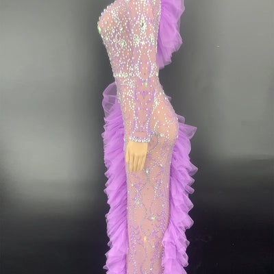 Vestido de Gasa Plisado con Manga Asimétrica y Detalle Diamante - Image 5
