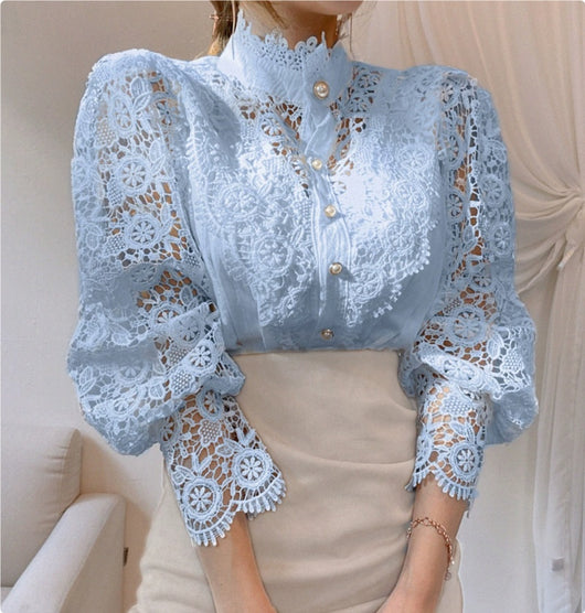 Blusa Elegante de Encaje Floral Hueco con Cuello Mao y Mangas Largas - Image 15