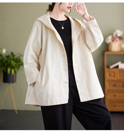 Abrigo Suelto con Capucha Mujer Retro Khaki Algodón Casual Costura Artística - Image 9