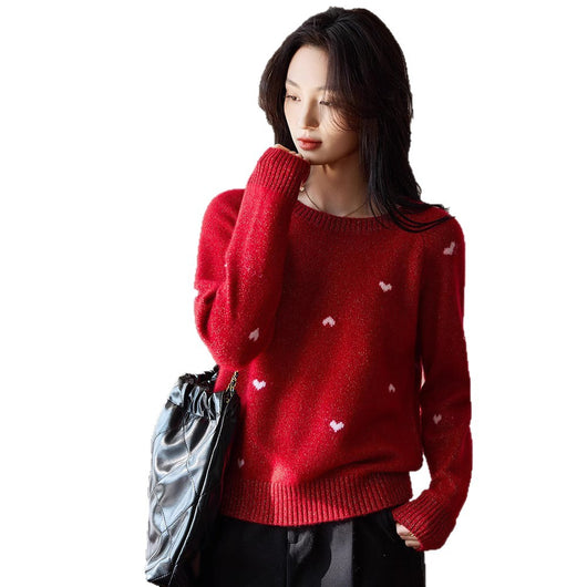 Suéter Rojo de Cuello Redondo para Mujer con Motivo de Corazón - Image 5