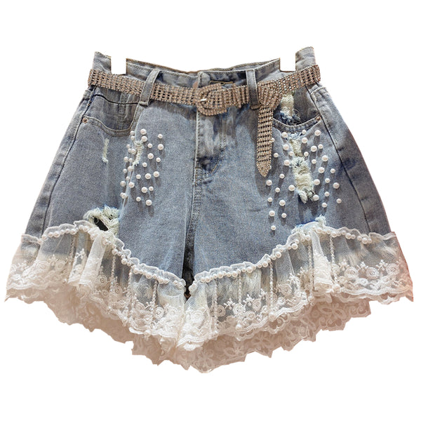 Shorts Talle Alto con Detalles de Diamantes - Estilo Coreano