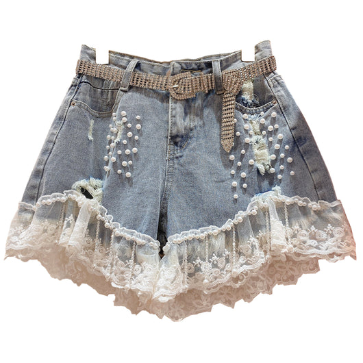Shorts Talle Alto con Detalles de Diamantes - Estilo Coreano