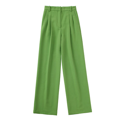 Pantalón Largo Verde Pasto Plisado Cintura Media para Mujer