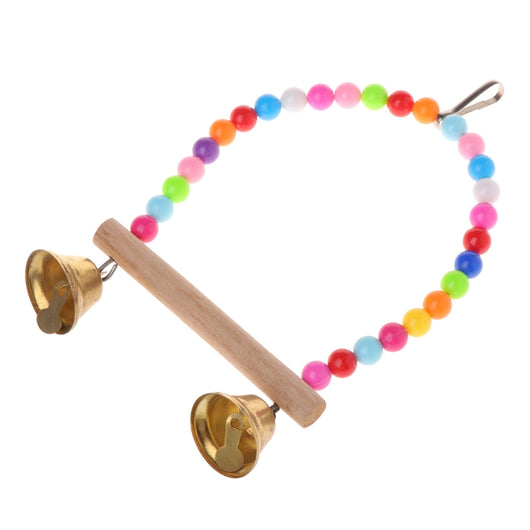 Colorful wooden bird swing with an arched top made of rainbow beads, a natural wood perch, and two small bells. - Image 8
