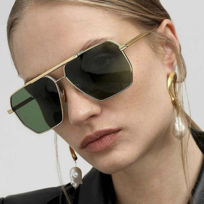 Gold frame double gray polygonal sunglasses with a double beam design and gradient lenses. - Image 13