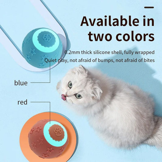 Blue smart ball cat toy with a glowing paw print and star patterns for interactive pet play.