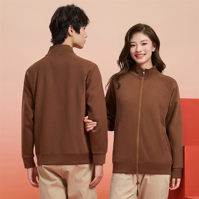 Purple full-zip jacket with a stand-up collar, raglan sleeves, and front pockets, displayed on a hanger. - Image 23