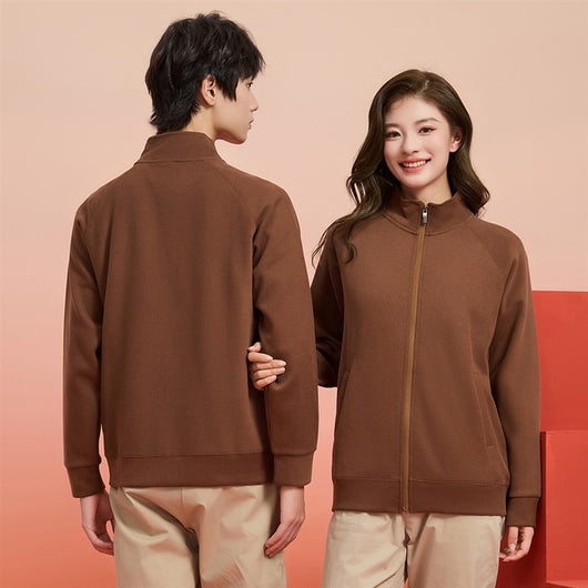 Purple full-zip jacket with a stand-up collar, raglan sleeves, and front pockets, displayed on a hanger. - Image 23